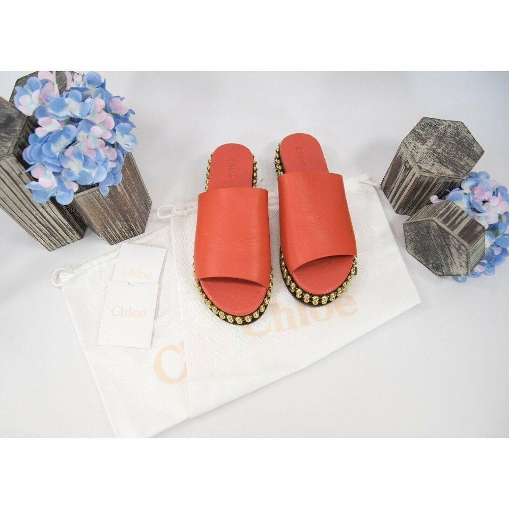 Chloe Orange Leather Bead Chain Flat Mules Slides - Picture 3 of 7